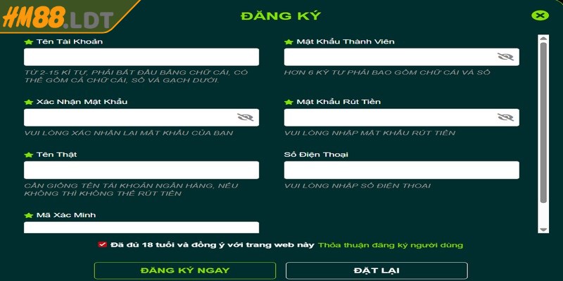 Điền đầy đủ thông tin tạo tài khoản HM88 theo đúng hướng dẫn